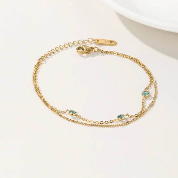 18K Gold Plated Stainless Steel Double Layer Chain Bracelet withCrystal Inlay - Picture 3 of 6